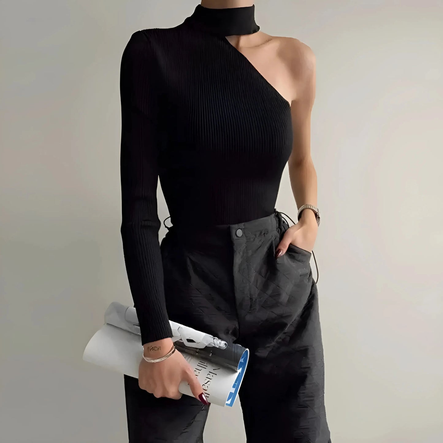 Black Turtleneck Bodysuit with One Shoulder Cut-Out