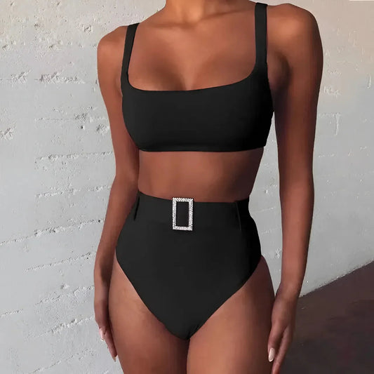 Black Two-Piece Swimsuit with Silver Buckle