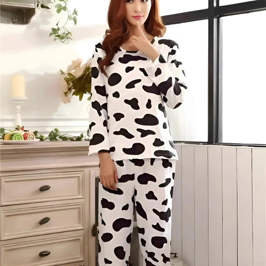 Black-White Long Pyjama Set with Black Spots