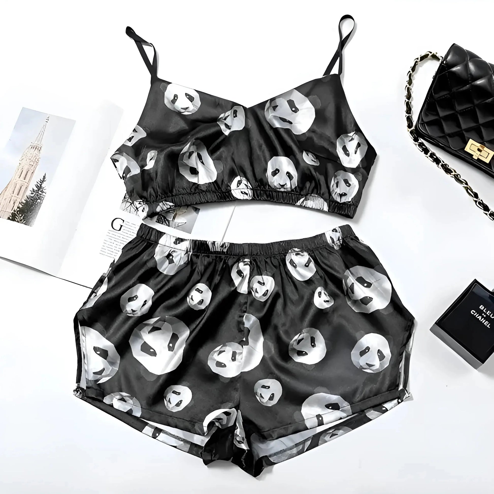 Black-White Short Top and Patterned Pyjama Set