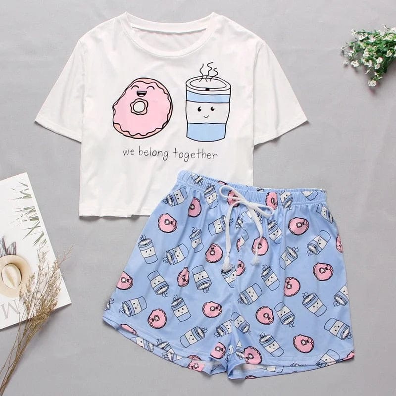 Blau Damenpyjama mit farbenfrohen Prints