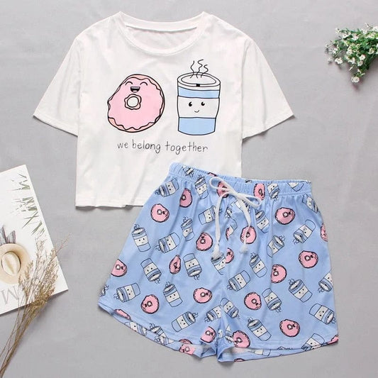 Blau Damenpyjama mit farbenfrohen Prints