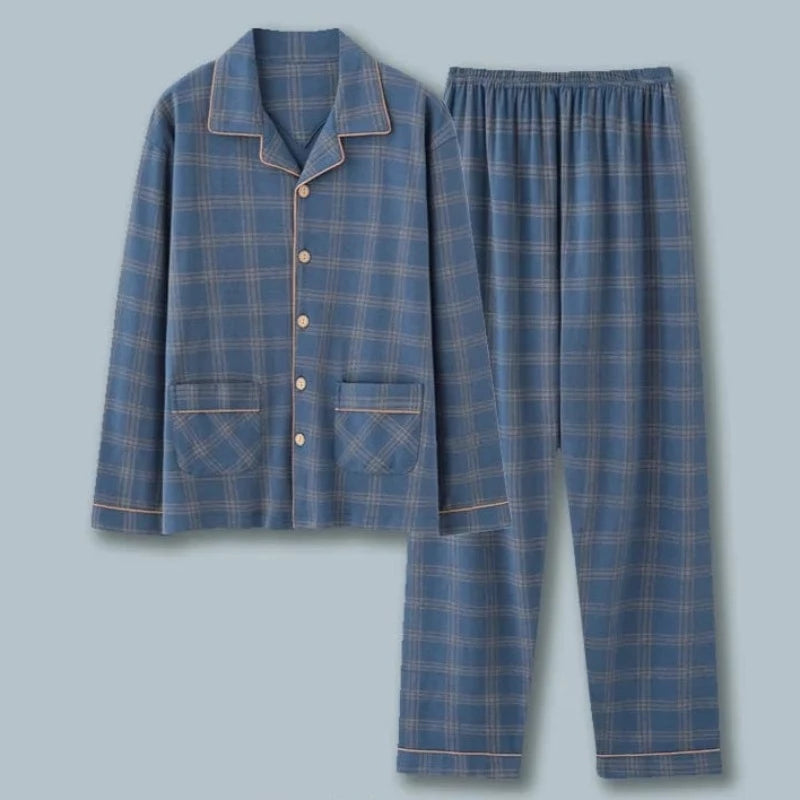 Blau Langer Herrenpyjama mit Knöpfen