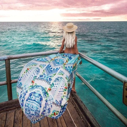 Blau Langer Strandkimono mit bunten Mustern