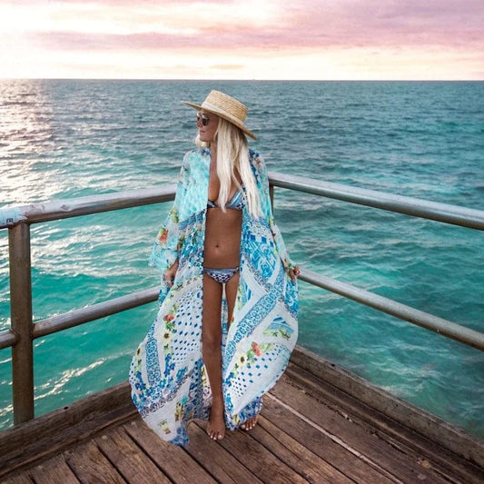 Blau Langer Strandkimono mit bunten Mustern