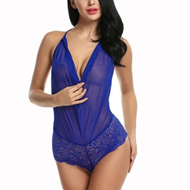 Blau Spitzen-Bodysuit mit Mesh-Front