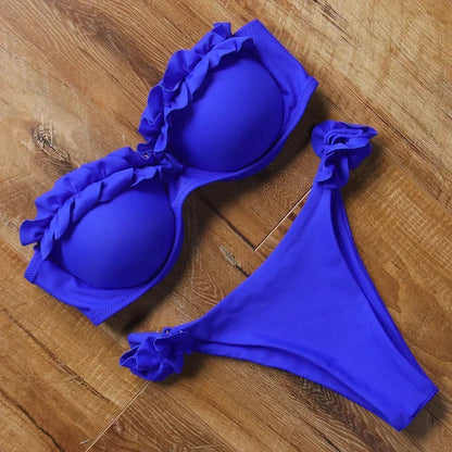 Blau Zweiteiliger Badeanzug im Bikini-Stil mit dekorativen Rüschen