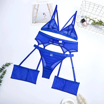 Blue 3-Piece Lace Lingerie Set