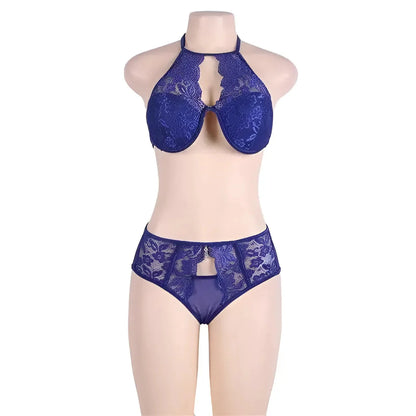 Blue Lace Lingerie Set with Decorative Cut-Outs in Plus Sizes