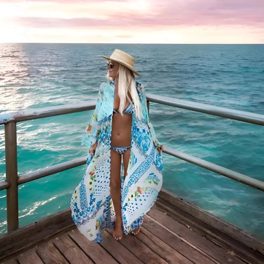 Blue Long Beach Kimono in Colourful Patterns