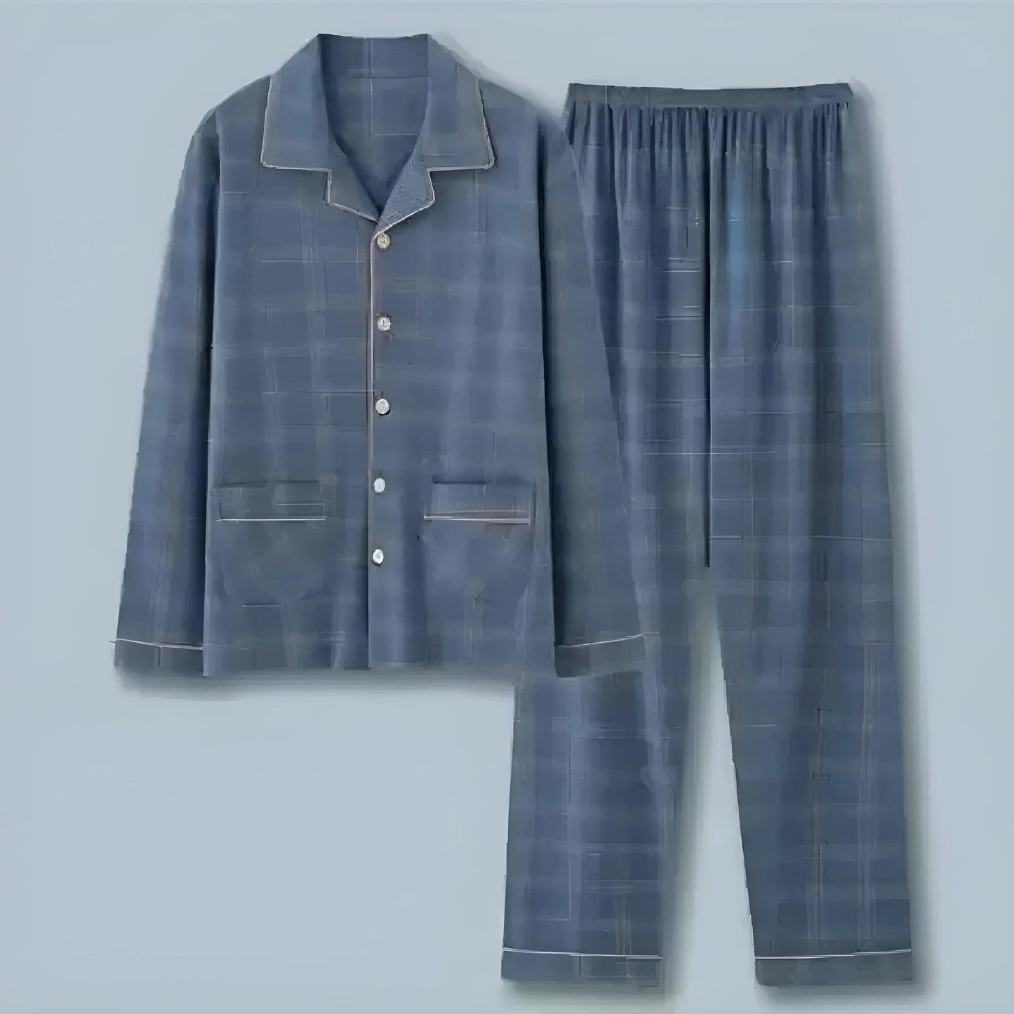 Blue Men's Long Pyjama Set with Buttons