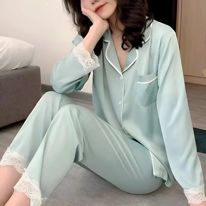 Blue Satin pyjama with lace