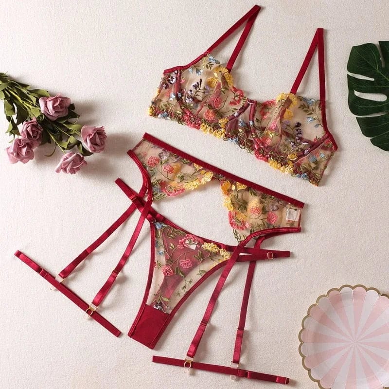 Burgunderrot Dessous-Set aus floraler Spitze