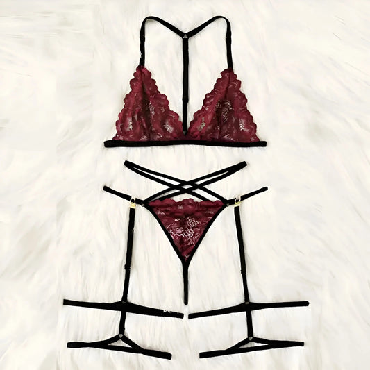 Burgundy Lace Lingerie Set with Decorative Straps