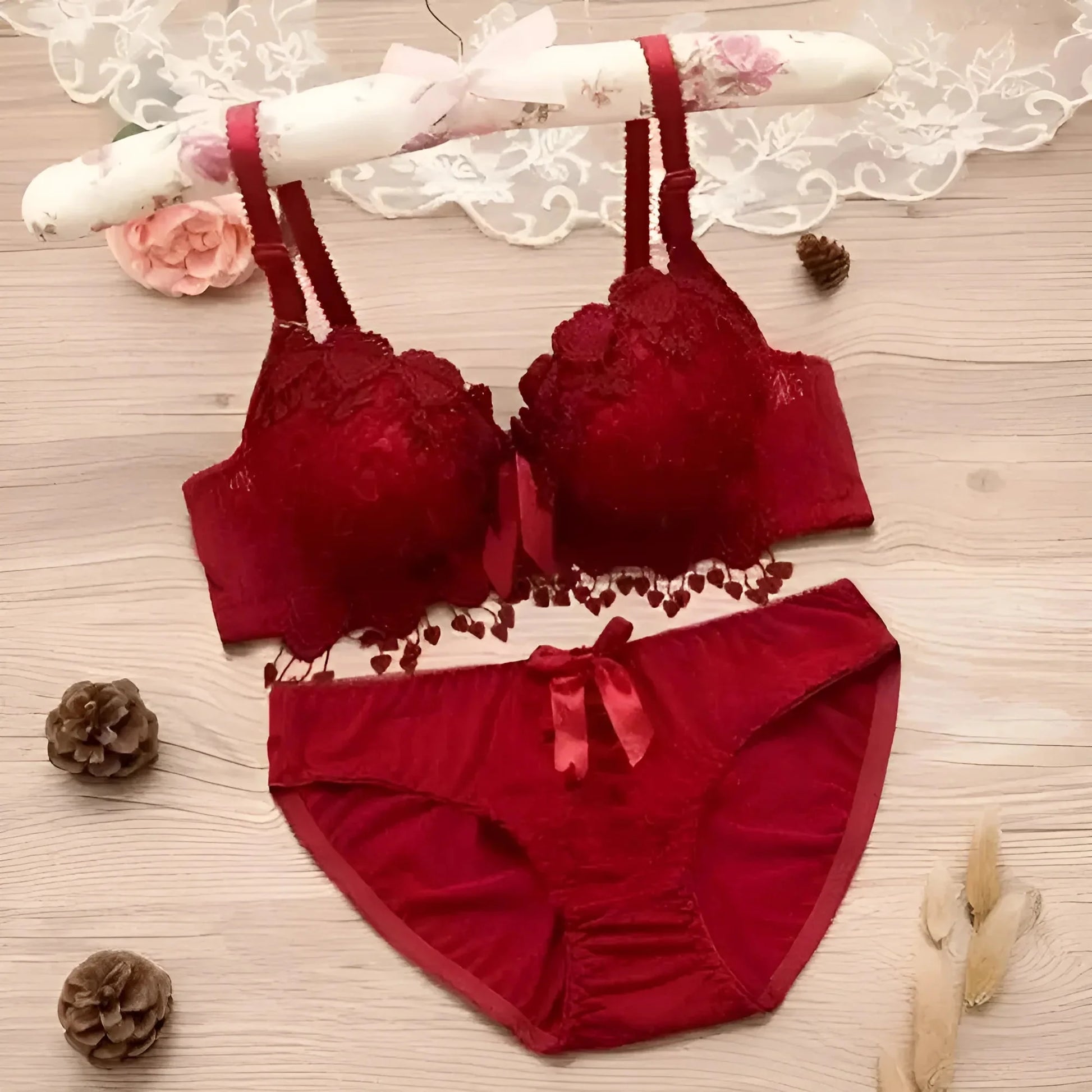 Burgundy Lace Lingerie Set with Heart Motif