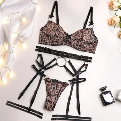  Dreiteiliges Dessous-Set mit Leopardenmuster