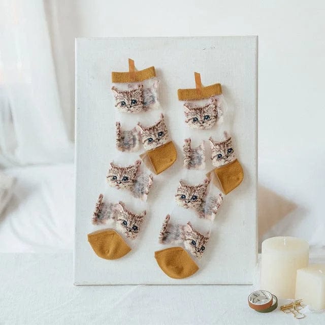 Gelb Lange transparente Socken mit Katzen