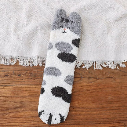 Grau Flauschige Damensocken mit Katzenmotiv