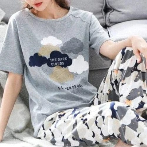 Grau Langer Pyjama mit Wolkenmotiv