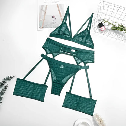 Green 3-Piece Lace Lingerie Set