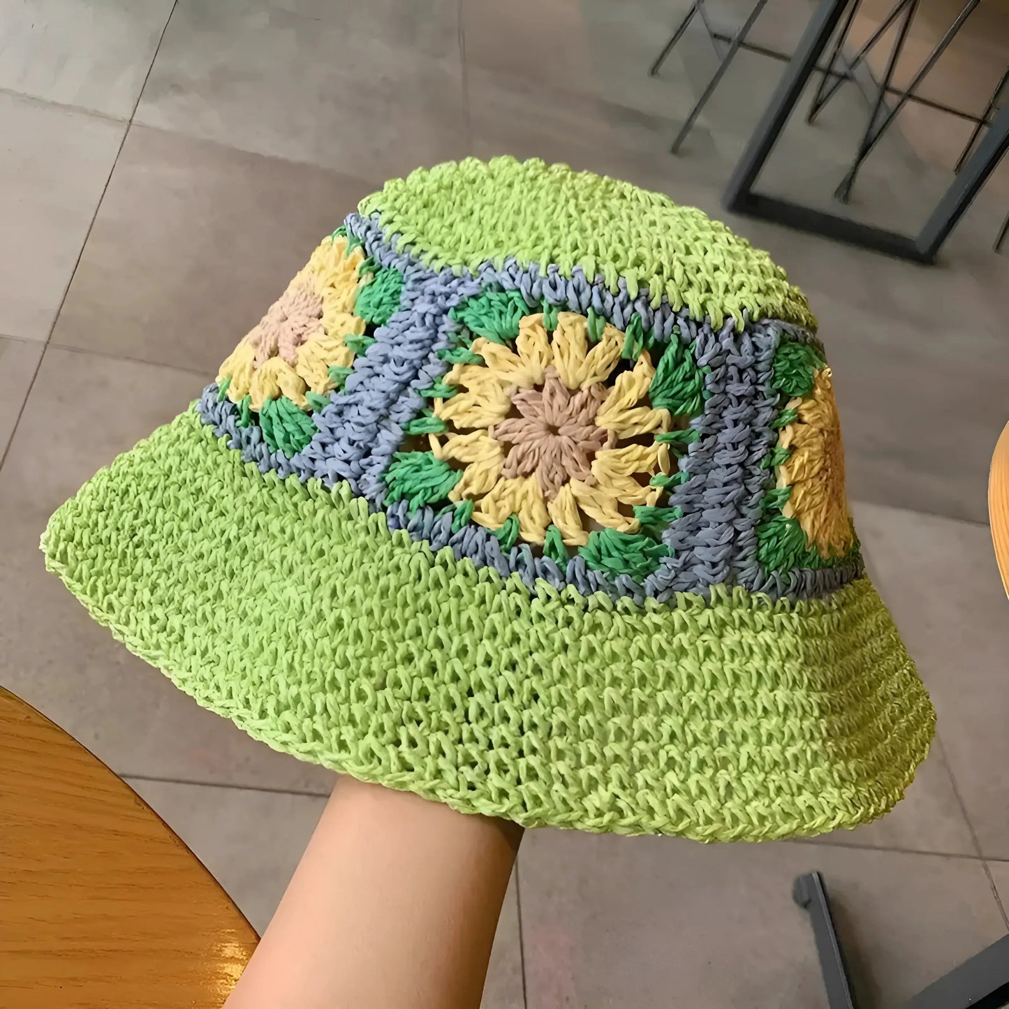 Green Straw Hat with Flowers