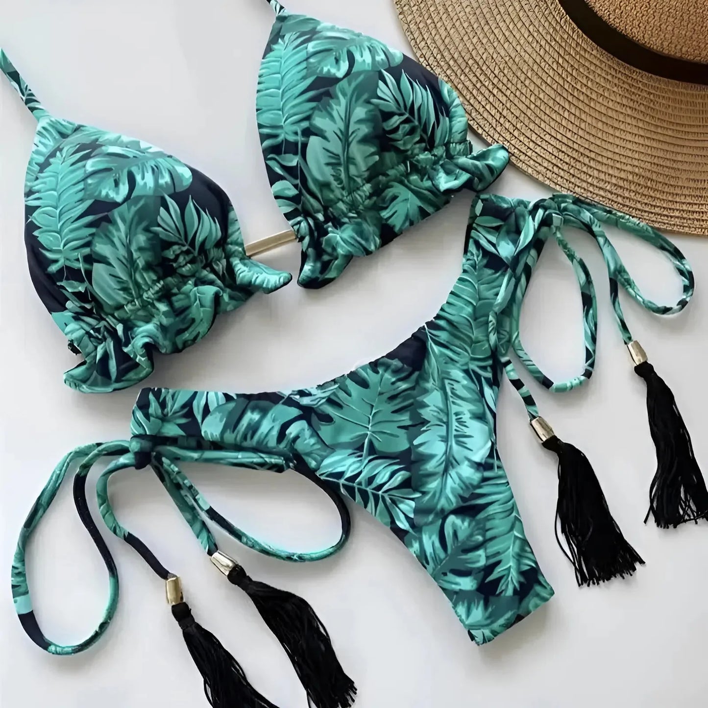 Green Two-Piece Palm Leaf Swimsuit