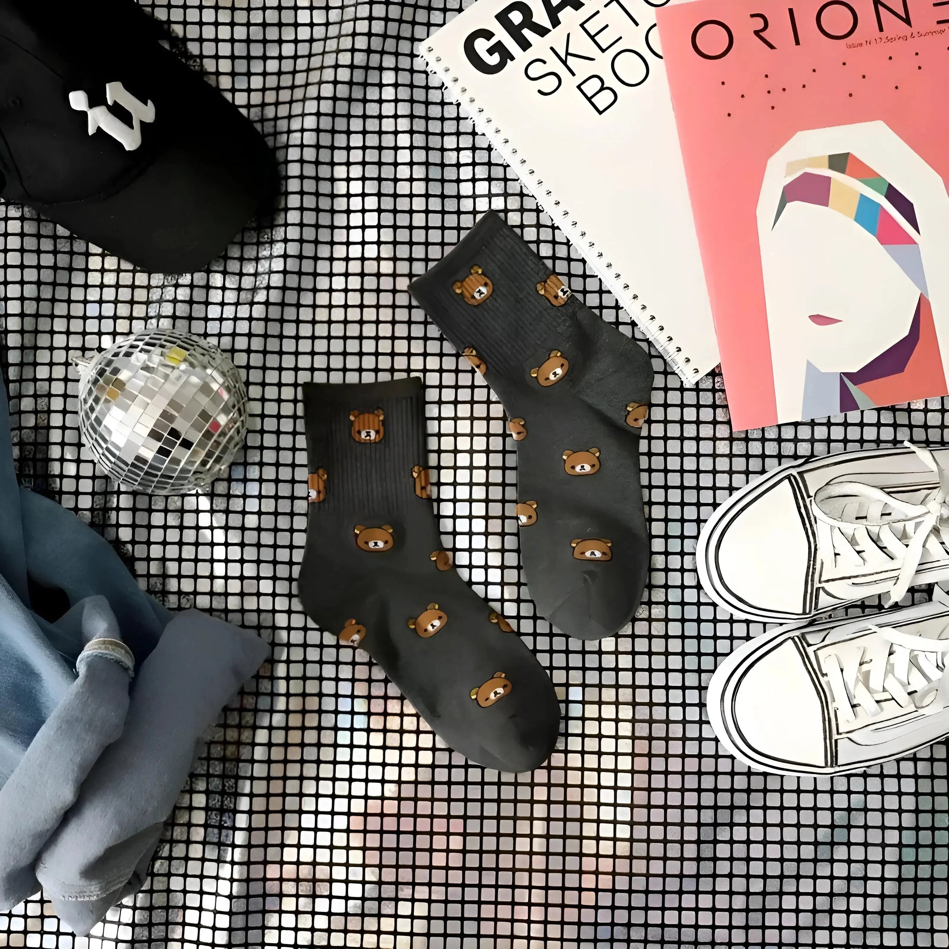 Grey Ankle Socks with Bear Design