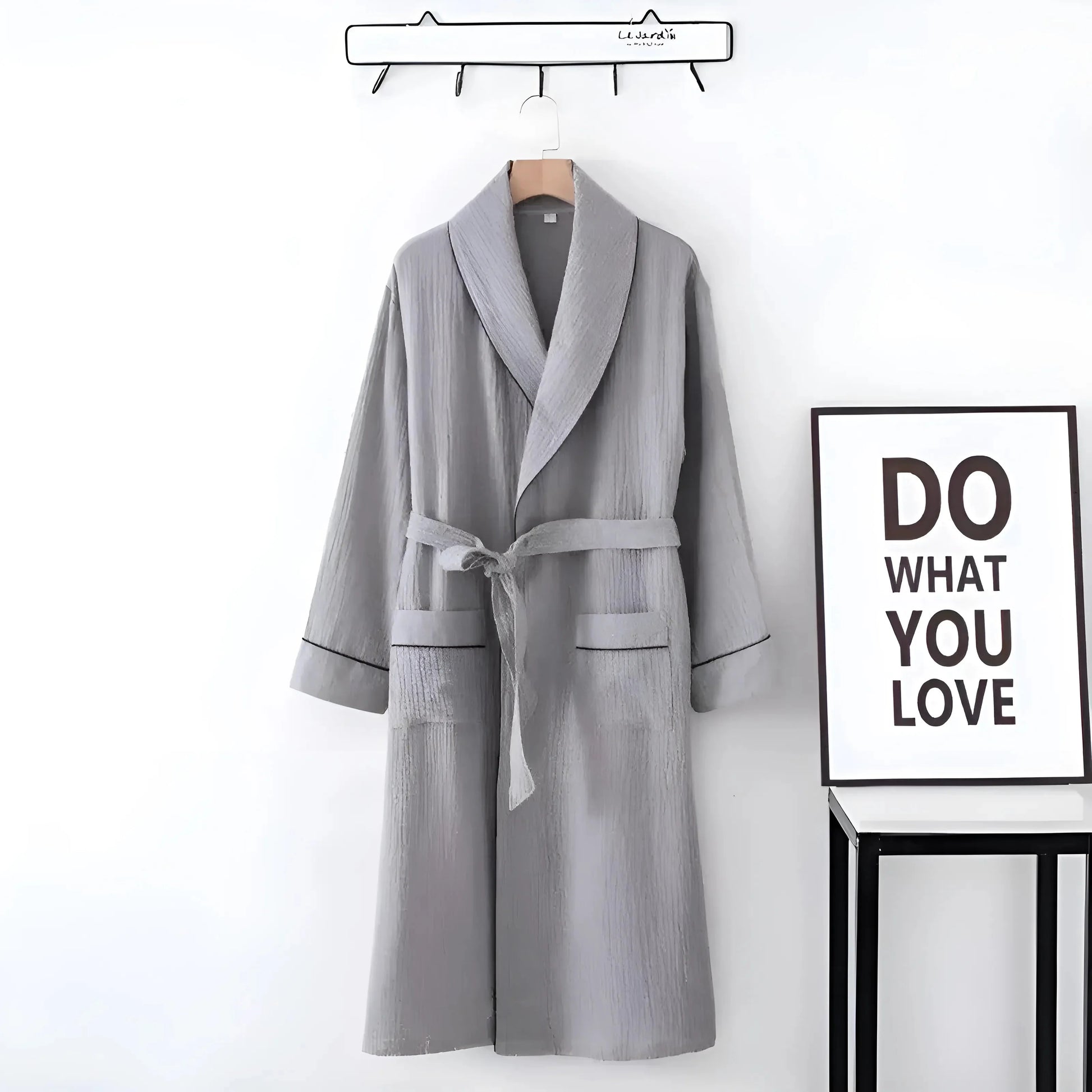 Grey Dressing Gown with Decorative Trim