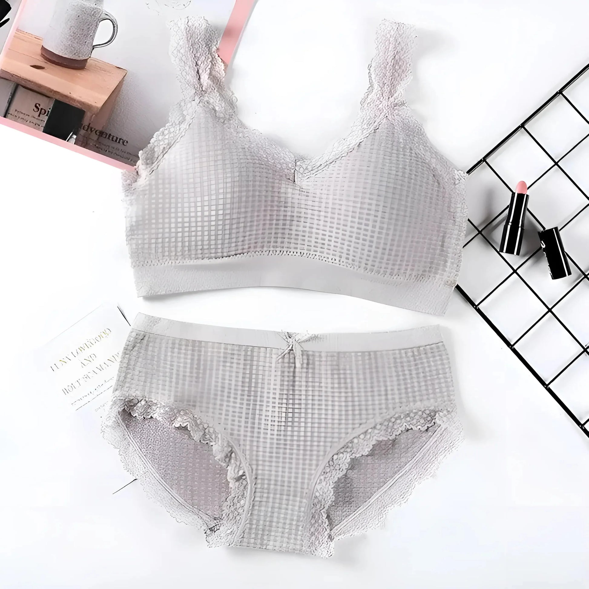 Grey Lace Trim Lingerie Set