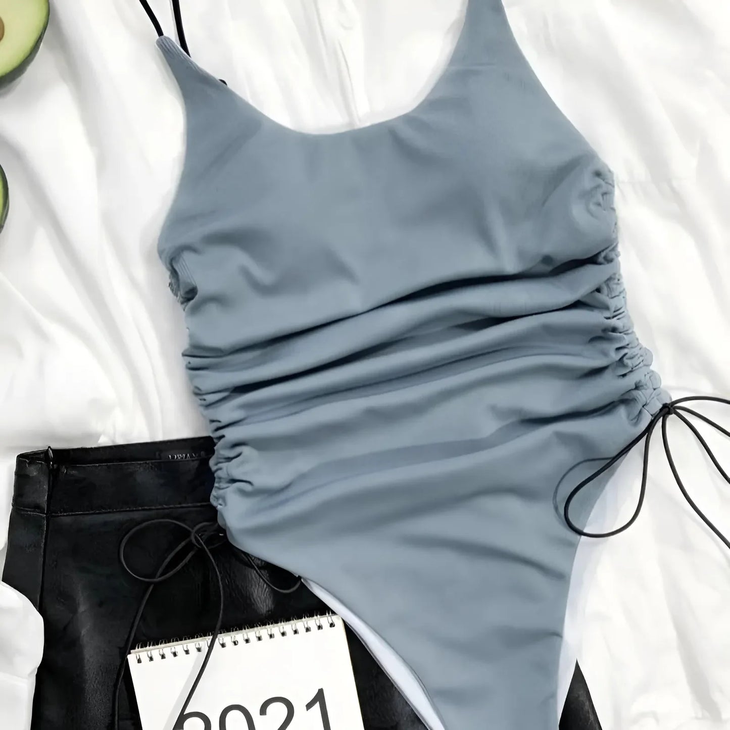 Grey One-Piece Swimsuit with Drawstrings