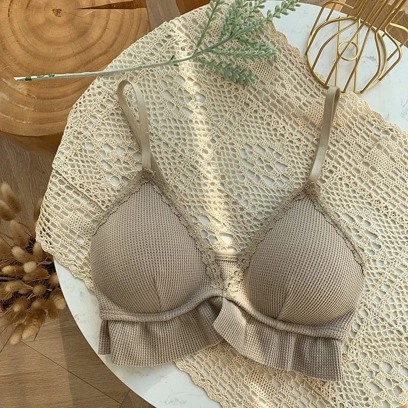 Khaki Bralette-BH aus Spitze mit Rüschen