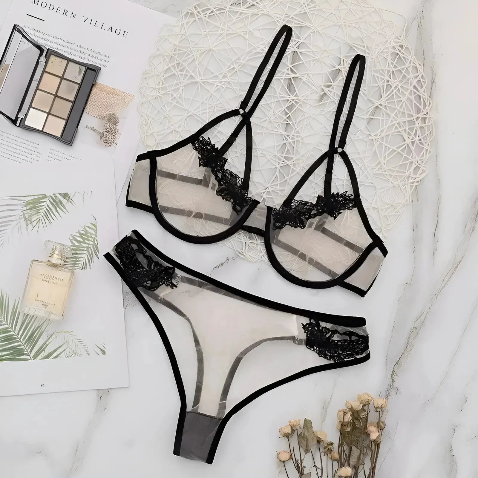 Lace and Mesh Lingerie Set