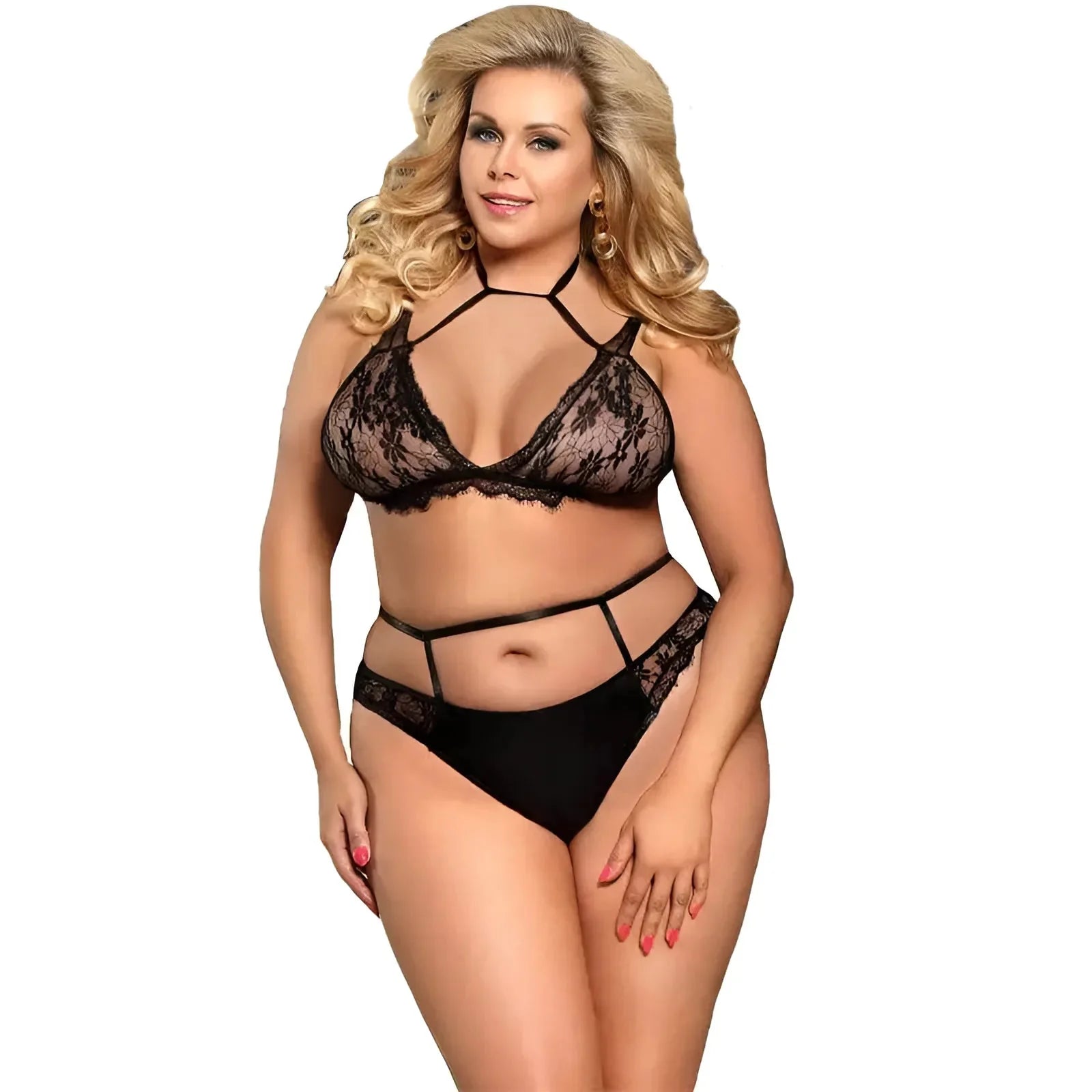 Lace Lingerie Set with Decorative Straps in Plus Sizes