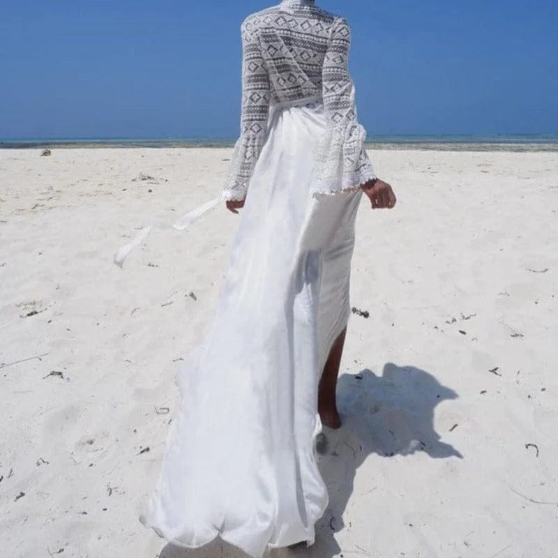 Langer Strandkimono mit Spitzenabschluss - Weiß / Universal