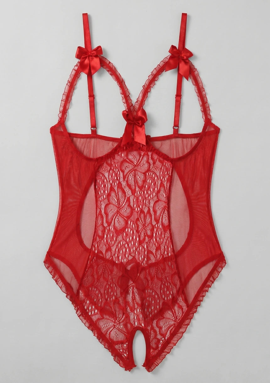 Spitzen-Bodysuit mit Ausschnitten und Schleifen