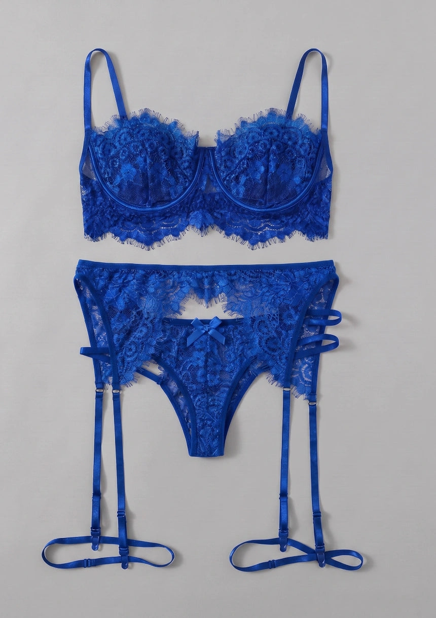 3-teiliges Spitzen-Lingerie-Set mit Oberschenkelbändern