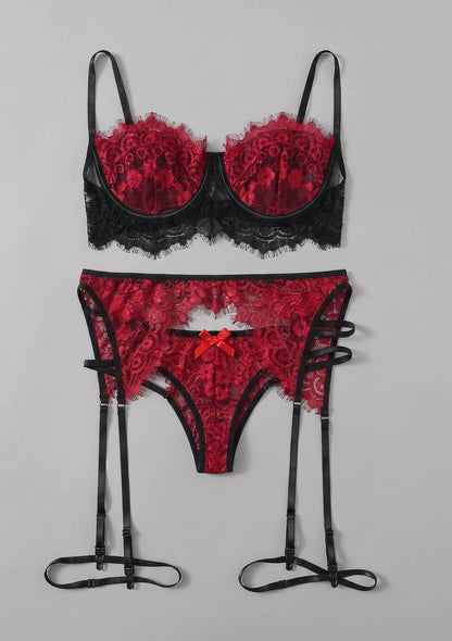 3-teiliges Spitzen-Lingerie-Set mit Oberschenkelbändern