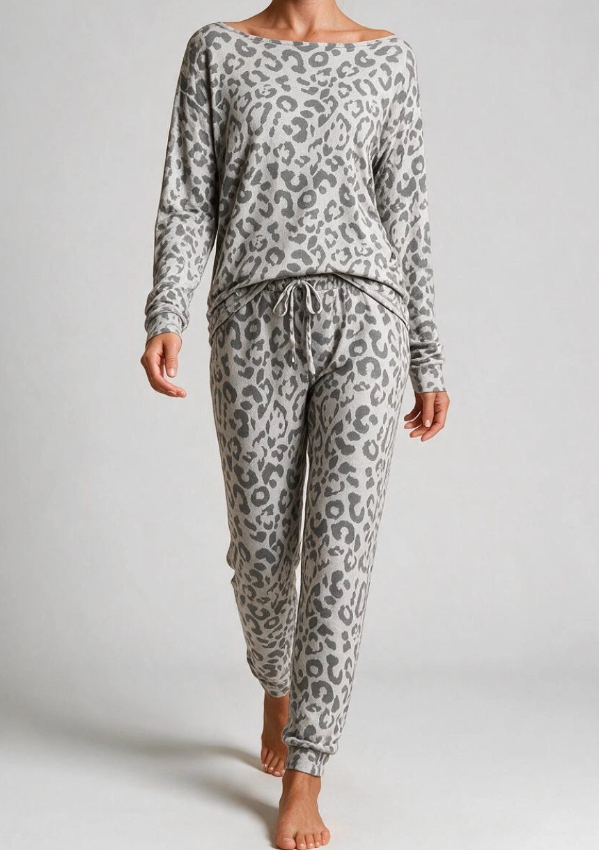 Damen Pyjama mit Leopardenmuster und langen Hosen