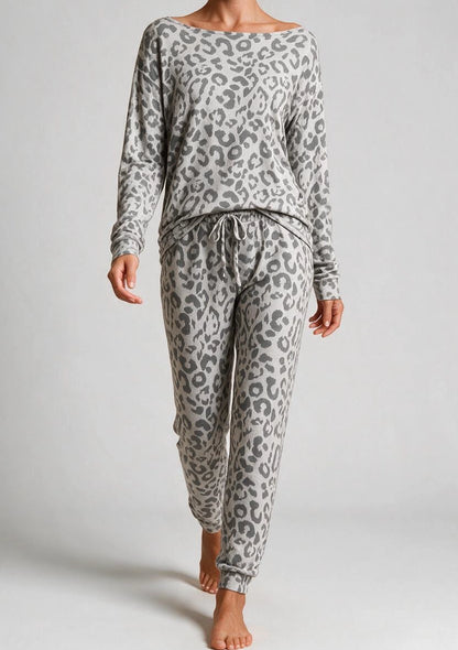 Damen Pyjama mit Leopardenmuster und langen Hosen