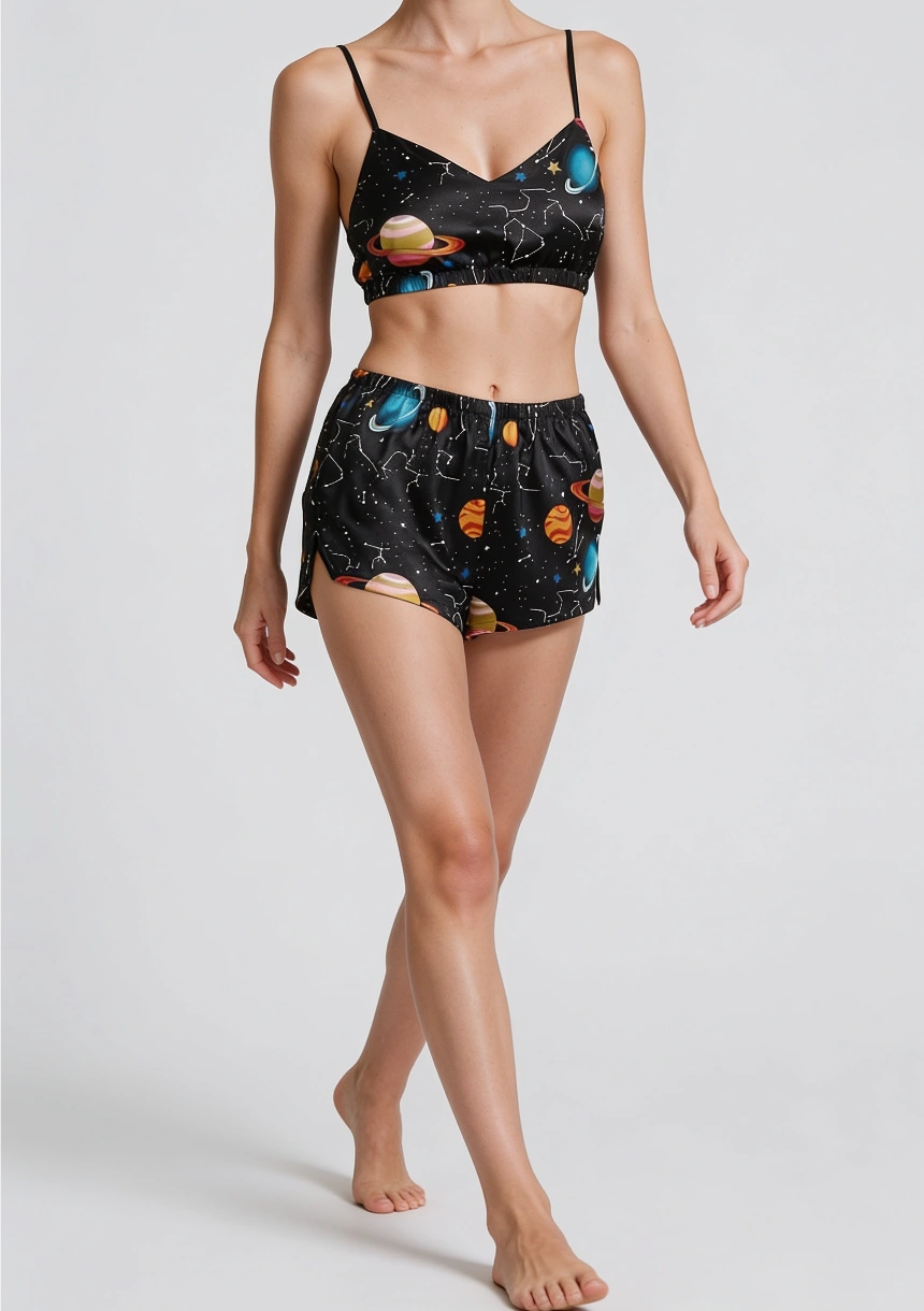 Kurzes Top und gemustertes Pyjama-Set