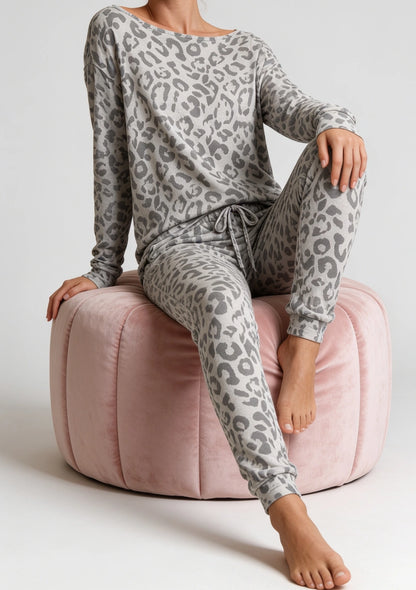 Damen Pyjama mit Leopardenmuster und langen Hosen