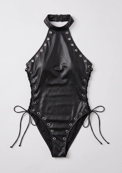 Leder Bodysuit mit seitlichen Bindebändern