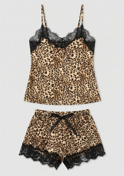Spitzenbesatz Leopardenmuster Zweiteiliges Pyjama-Set