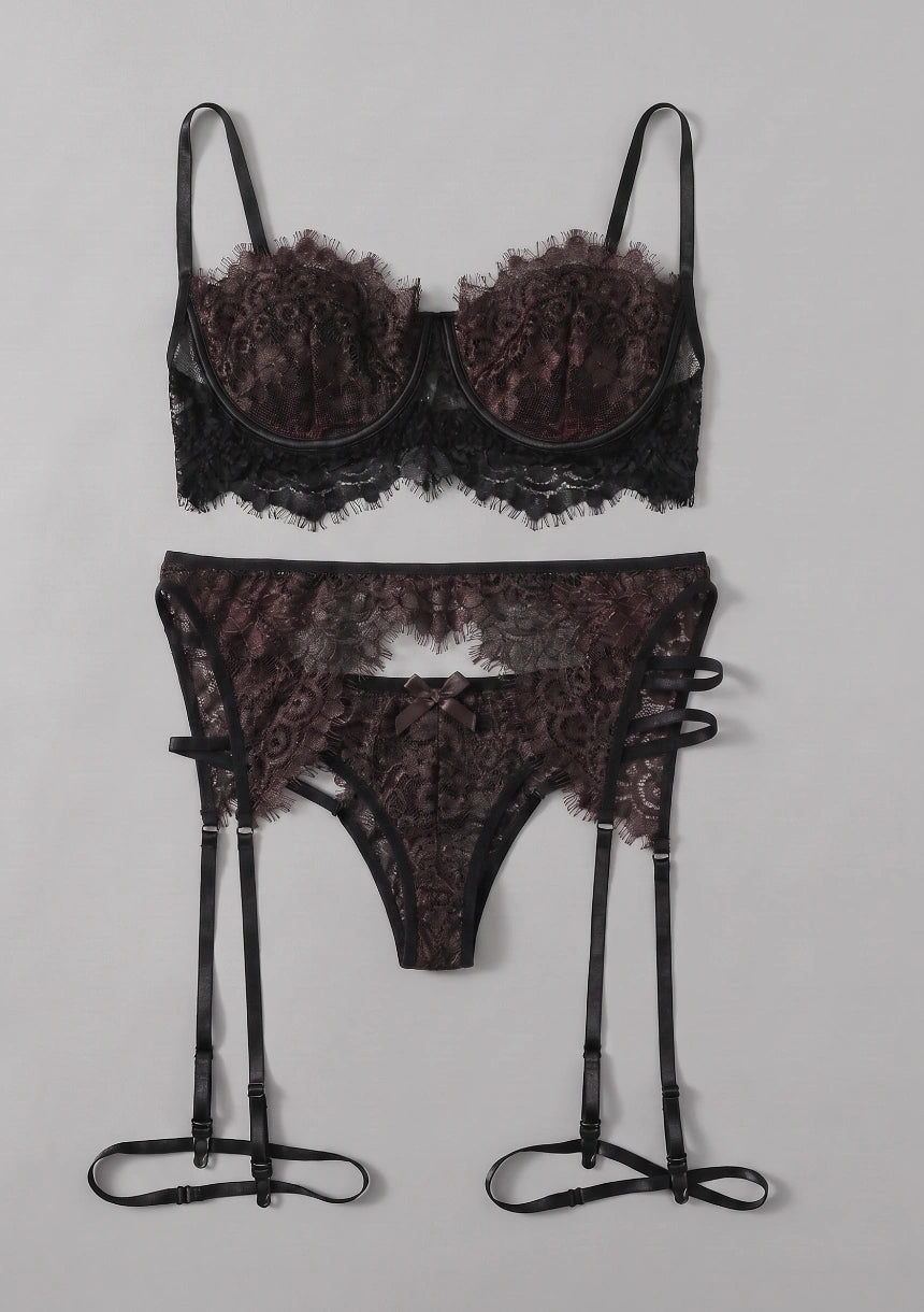 3-teiliges Spitzen-Lingerie-Set mit Oberschenkelbändern