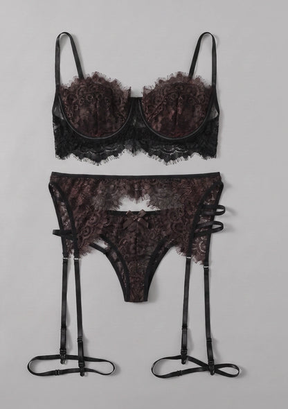 3-teiliges Spitzen-Lingerie-Set mit Oberschenkelbändern