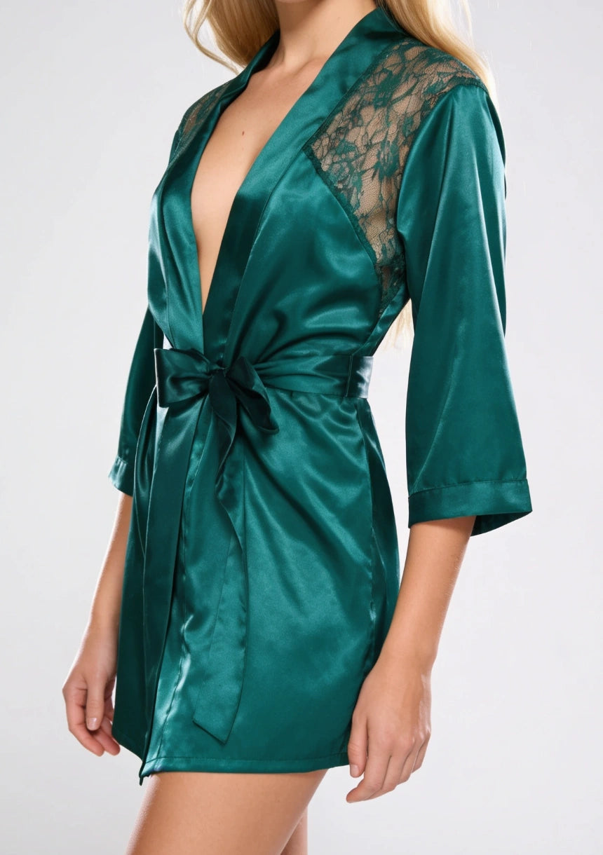 Universeller Satin-Bademantel mit Spitzenbesatz