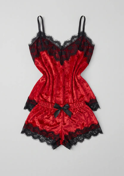 Damen Velour-Pyjamas mit Spitze