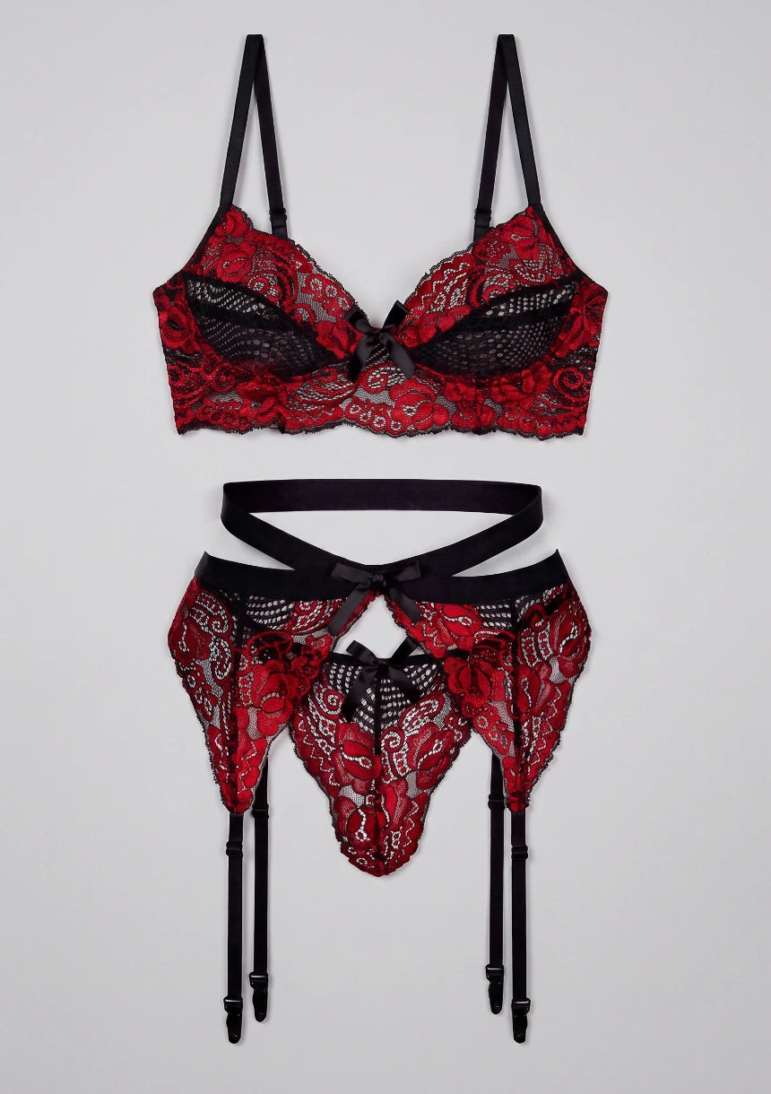 Spitzen-BH-Set mit Strumpfhalter