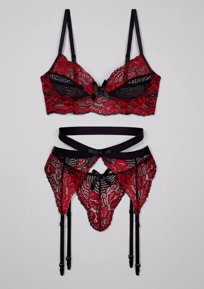 Spitzen-BH-Set mit Strumpfhalter