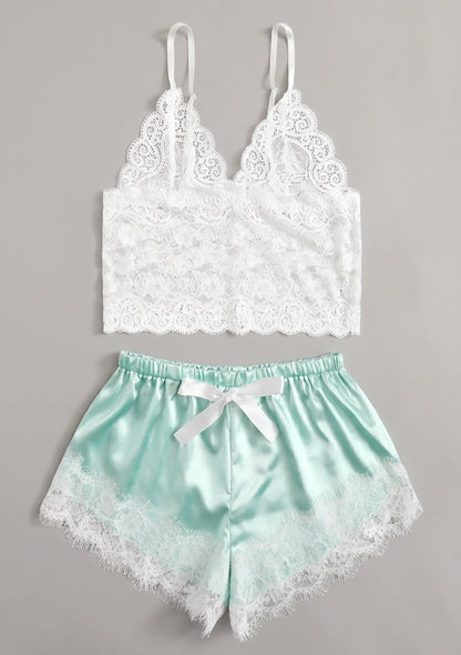 Spitzenbesatz Top und Shorts Pyjama Set